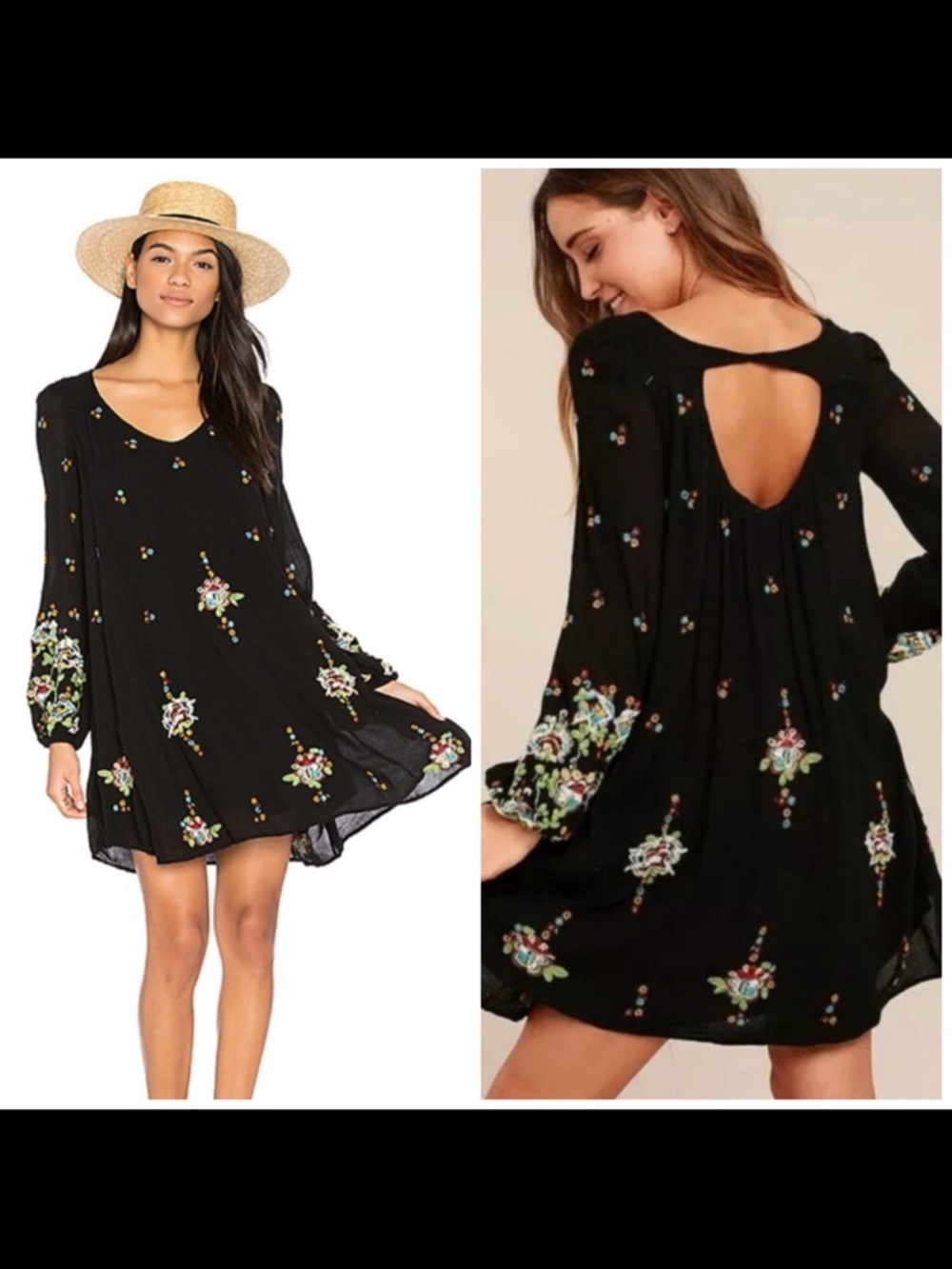 FREE PEOPLE Oxford Black Embroidered Dress Medium mini CALLOUT see comments